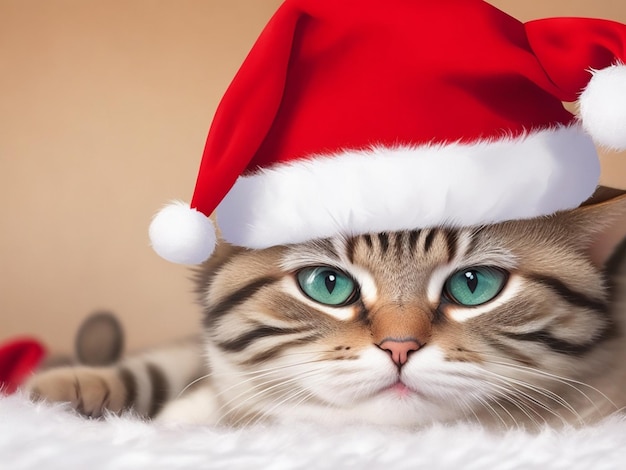 Gato bonito com chapéu de Papai Noel.