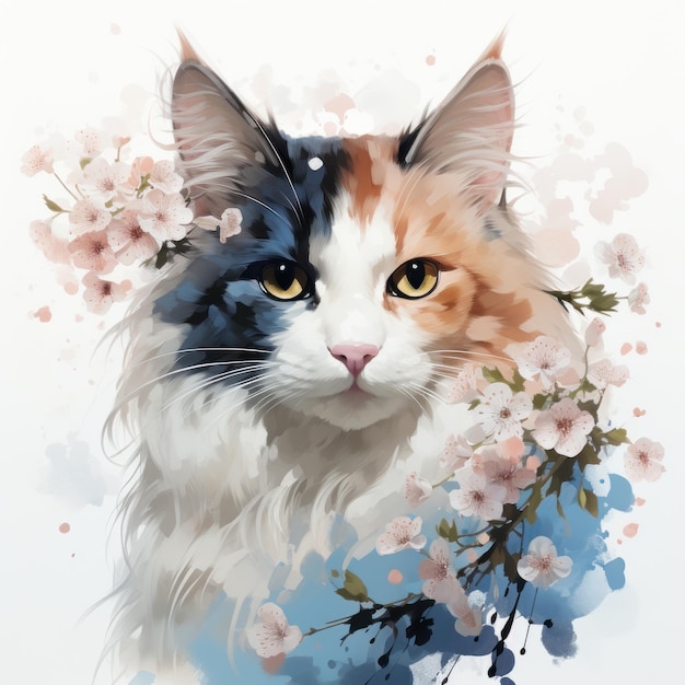 Gato bonito com flores e borboletas