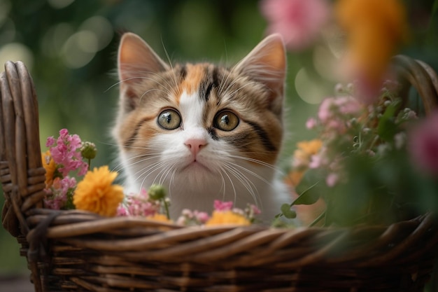 Gato bonito com flores em uma cesta em close de fundo escuro