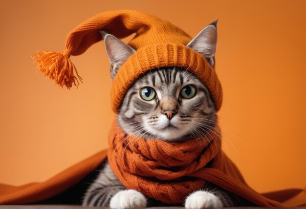 Gato bonito com lenço e chapéu sentado no chão gato bonito em lenço e chapeu sentado no piso gato com