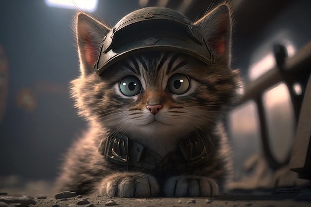 Gato bonito com olhos grandes em um boné militar closeup geração AI