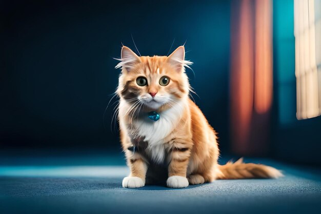 Gato bonito com sorvete em fundo azul