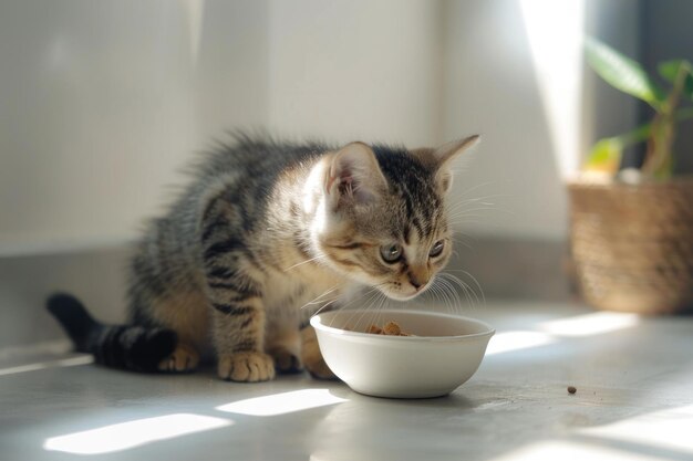 Foto gato bonito comendo de uma tigela no chão contra o fundo ia generativa