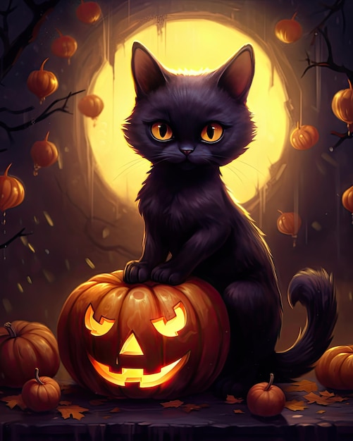 Gato bonito de halloween com abóbora no fundo da lua gerado por AI