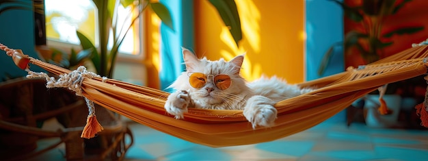 Foto gato bonito deitado em uma hamaca com óculos de sol laranja tempo de relaxamento