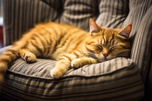 Gato bonito dormindo ou descansando no sofá em casa Gato preguiçoso dormindo no sofá Conceito do dia do gato