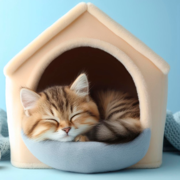 gato bonito dormir dentro da casa do gato em fundo azul ai generativo