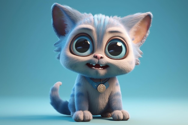 Gato bonito dos desenhos animados com olhos azuis na renderização 3d de fundo azul