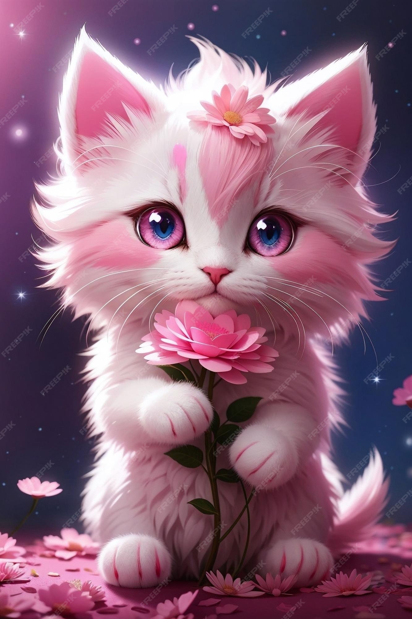 Bonito rosa gato desenho animado personagem cômico com rosto