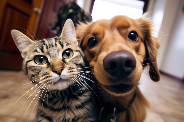 Gato bonito e cachorro juntos em casa Conceito de cuidados com animais de estimação