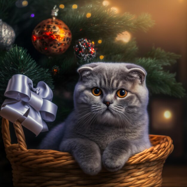 Gato bonito e decorações de natal