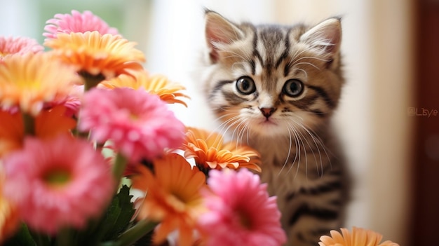 Gato bonito e flores.