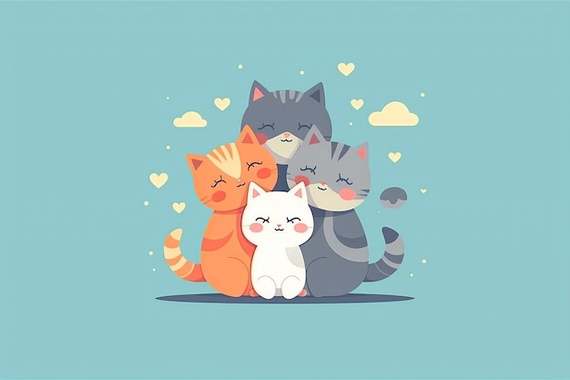 Gato bonito e gatinho no design plano de fundo azul Generative Ai