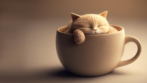 Gato bonito e sonolento dorme na ilustração da xícara de café