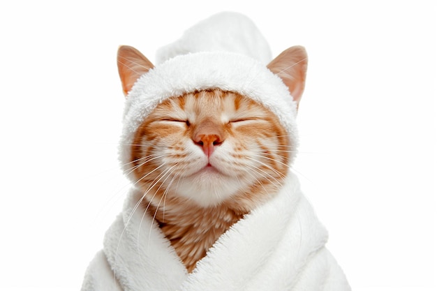 Foto gato bonito em roupão de banho branco e turbante em fundo branco tratamentos de spa após o banho gato relaxando no spa procedimentos de beleza conceito de relaxamento de bem-estar tratamento de animais de estimação domésticos