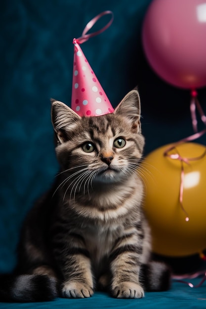 Gato bonito em um chapéu de aniversário senta-se no fundo no espaço do estúdio para imagem de festa de aniversário de texto gerada por AI