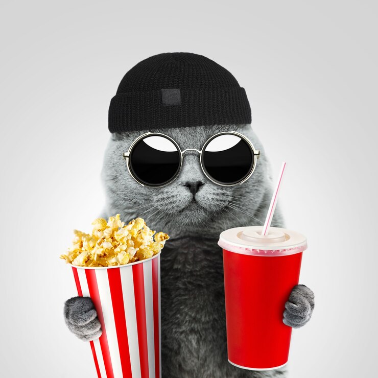 Foto gato bonito engraçado hipster legal com óculos de sol redondos vintage e um chapéu está segurando pipoca e uma bebida no cinema. conceito de descanso