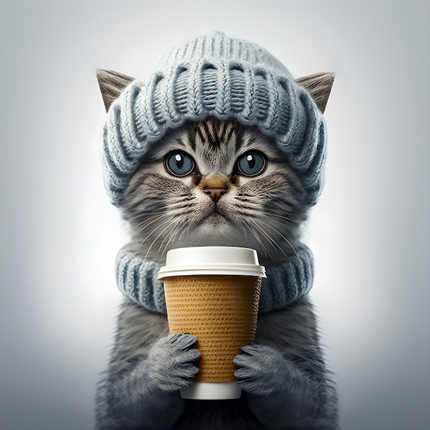 Gato bonito hipster vestindo um gorro de lã de malha segurando ilustração de xícara de café