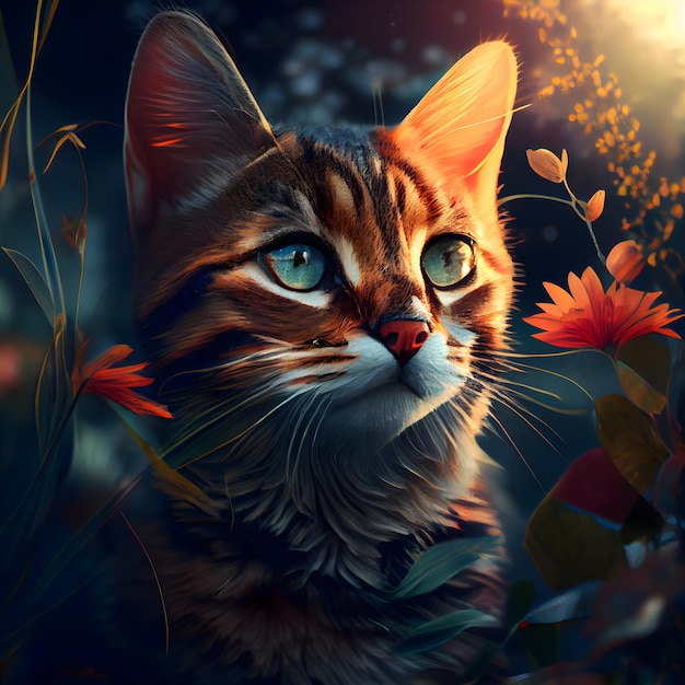 Gato bonito no prado com renderização em 3D de flores silvestres