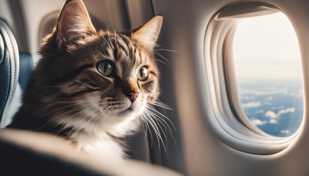 Gato bonito olhando pela janela do avião durante o voo Viajando com animal de estimação