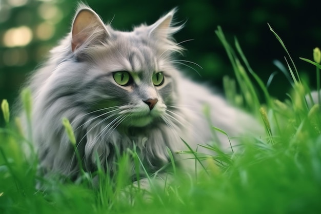 Gato bonito olhar para o lado e sentado no jardim ou grama Gato no habitat da natureza Conceito de dia de gato