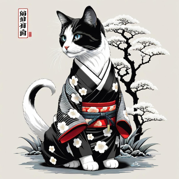 Gato bonito sentado em uma ilustração de kimono