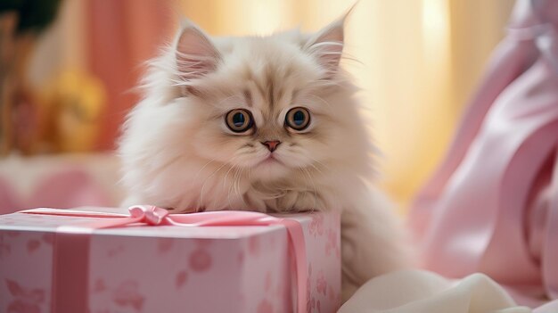 gato bonito sentado entre presentes de Natal em casa tons cor-de-rosa