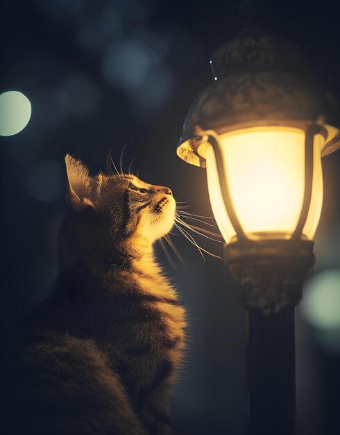 Gato bonito sentado na chuva na rua à noite