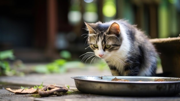 Gato bonito sentado no chão e comendo comida de uma tigela
