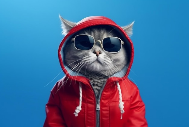 Gato bonito vestindo casaco e óculos isolado em fundo azul generativo ai