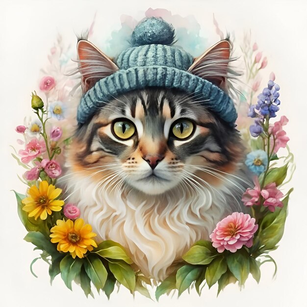 Gato bonito vestindo chapéu de lã fofinho e flores aquareladas