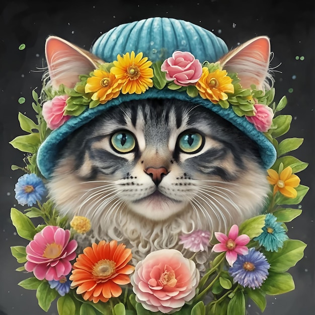 Gato bonito vestindo chapéu de lã fofinho e flores aquareladas