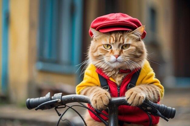 Foto gato bonito vestindo roupas e sentado na bicicleta