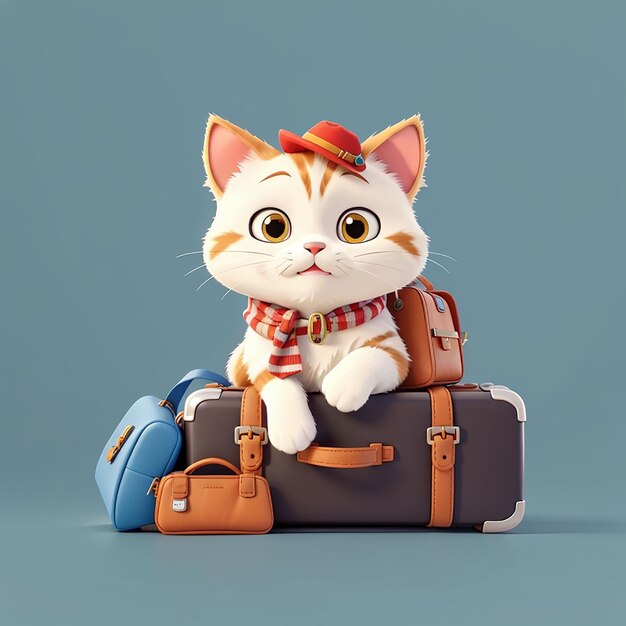 Gato bonito viajando com mala e bolsa desenho animado ícone vetorial ilustração animal férias isoladas