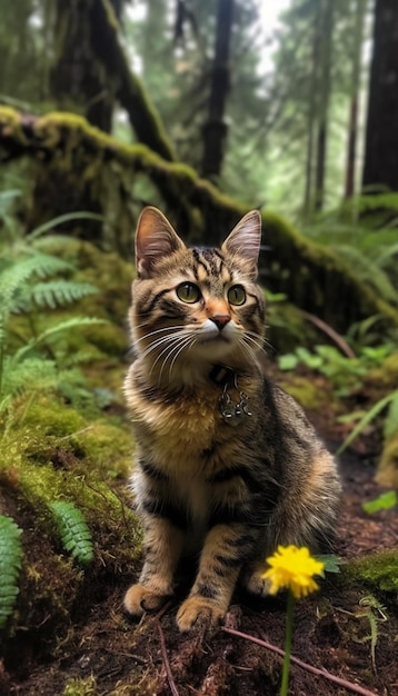 Un gato en un bosque con una flor en el fondo.