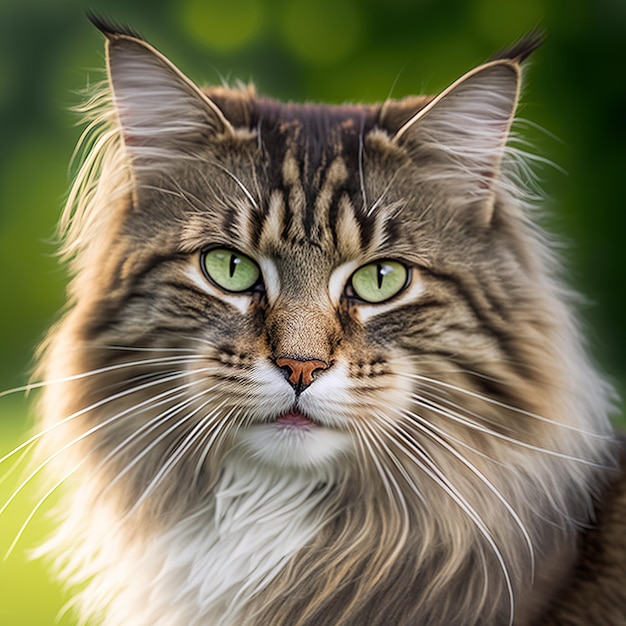 Gato del bosque noruego realista sobre un deslumbrante fondo natural al aire libre