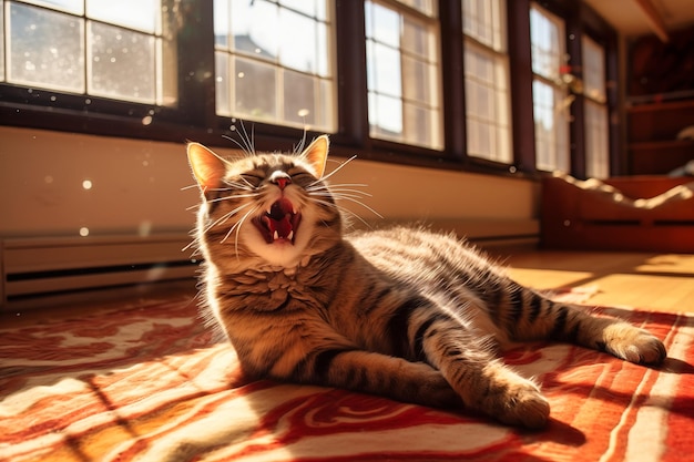 Gato bostezando en casa bajo los rayos del sol