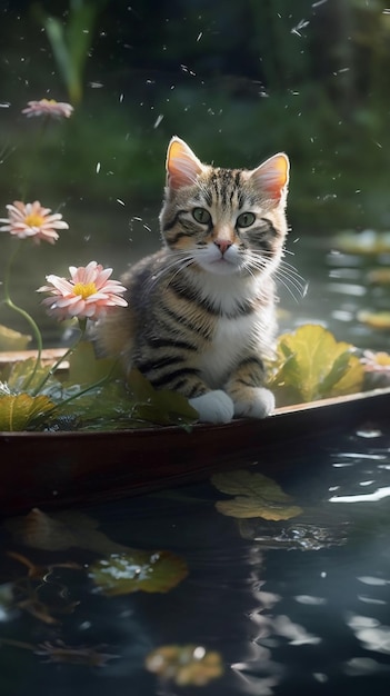 Un gato en un bote con flores en el fondo.