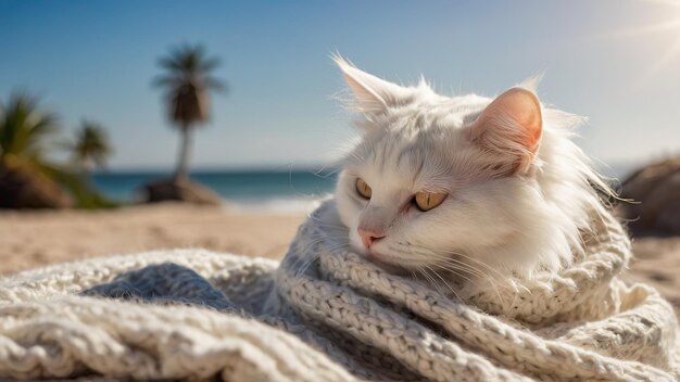 Gato branco aconchegante embrulhado num cobertor macio de tricô