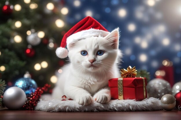 Gato branco bonito com chapéu de Papai Noel em uma cena de decoração de Natal