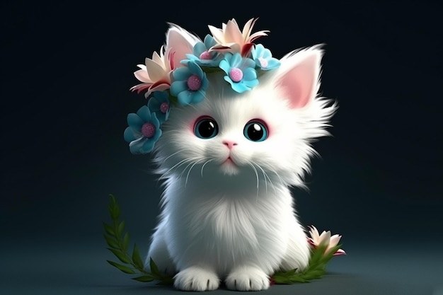 Gato branco bonito com olhos azuis e coroa de flores na cabeça ilustração 3d de fundo escuro