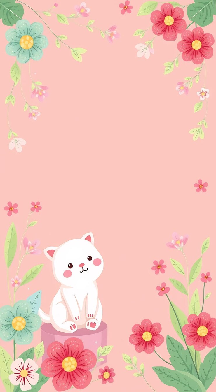 Foto gato branco bonito sentado em um vaso de flores rosa com fundo rosa e bordas florais