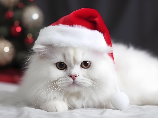 Gato branco bonito usando o chapéu de Papai Noel deitado em superfície branca macia criado com tecnologia de IA generativa