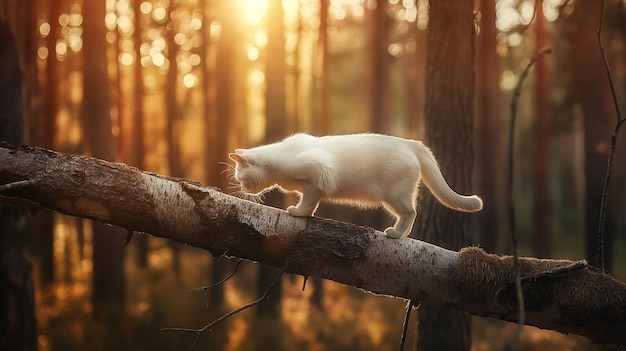 Gato branco caminhando em um tronco de árvore suspenso na floresta