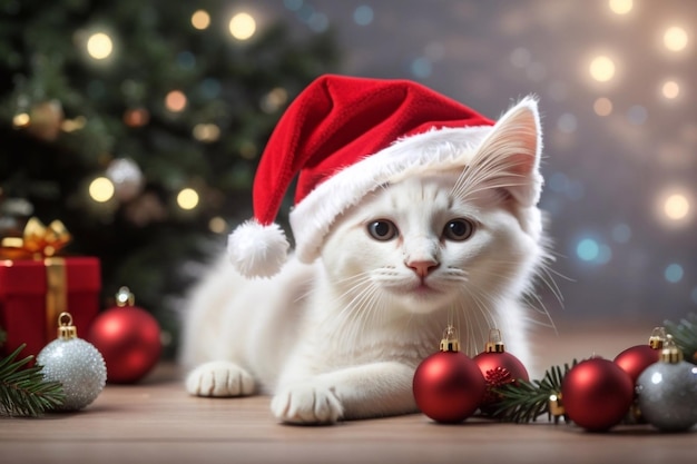 Foto gato branco com chapéu de papai noel em uma cena de decoração de natal