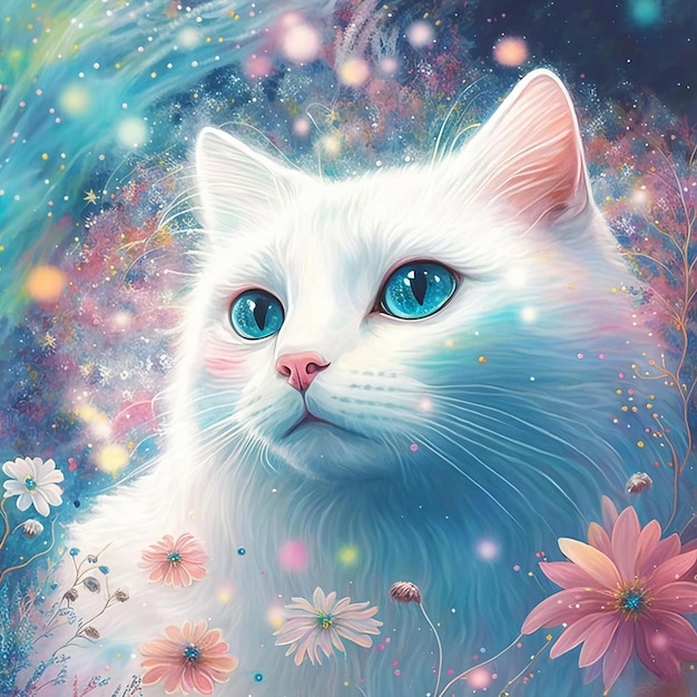 Gato branco com olhos azuis em um campo de flores