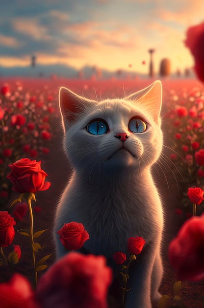 Gato branco com olhos azuis sentado em um campo de flores vermelhas e pôr do sol ao fundo