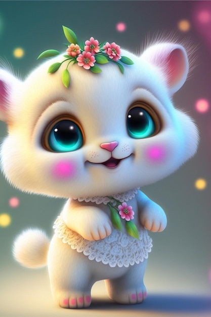 Gato branco com uma coroa de flores na cabeça generativa ai