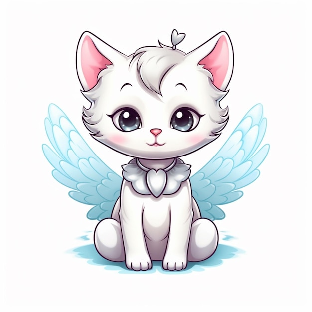 Foto gato branco de desenho animado com asas de anjo sentado no chão gerador de ia