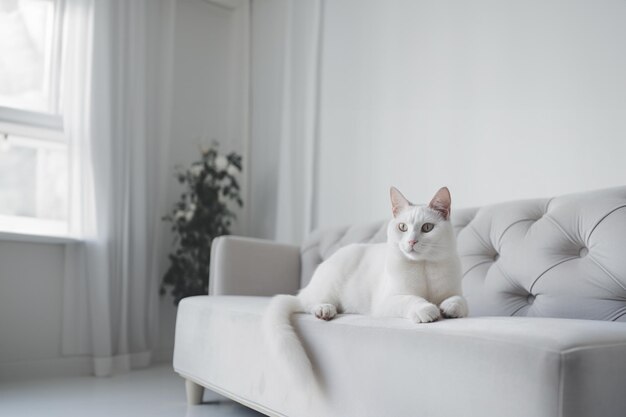 Foto gato branco doméstico fofo deitado em um sofá na sala com espaço de cópia ia generativa